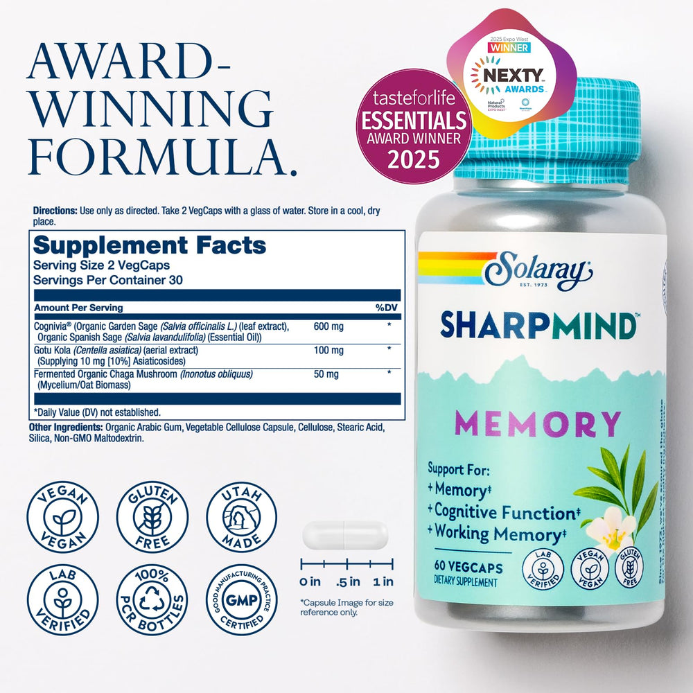 SOLARAY SharpMind vegan capsules are easy to swallow for focused mornings.