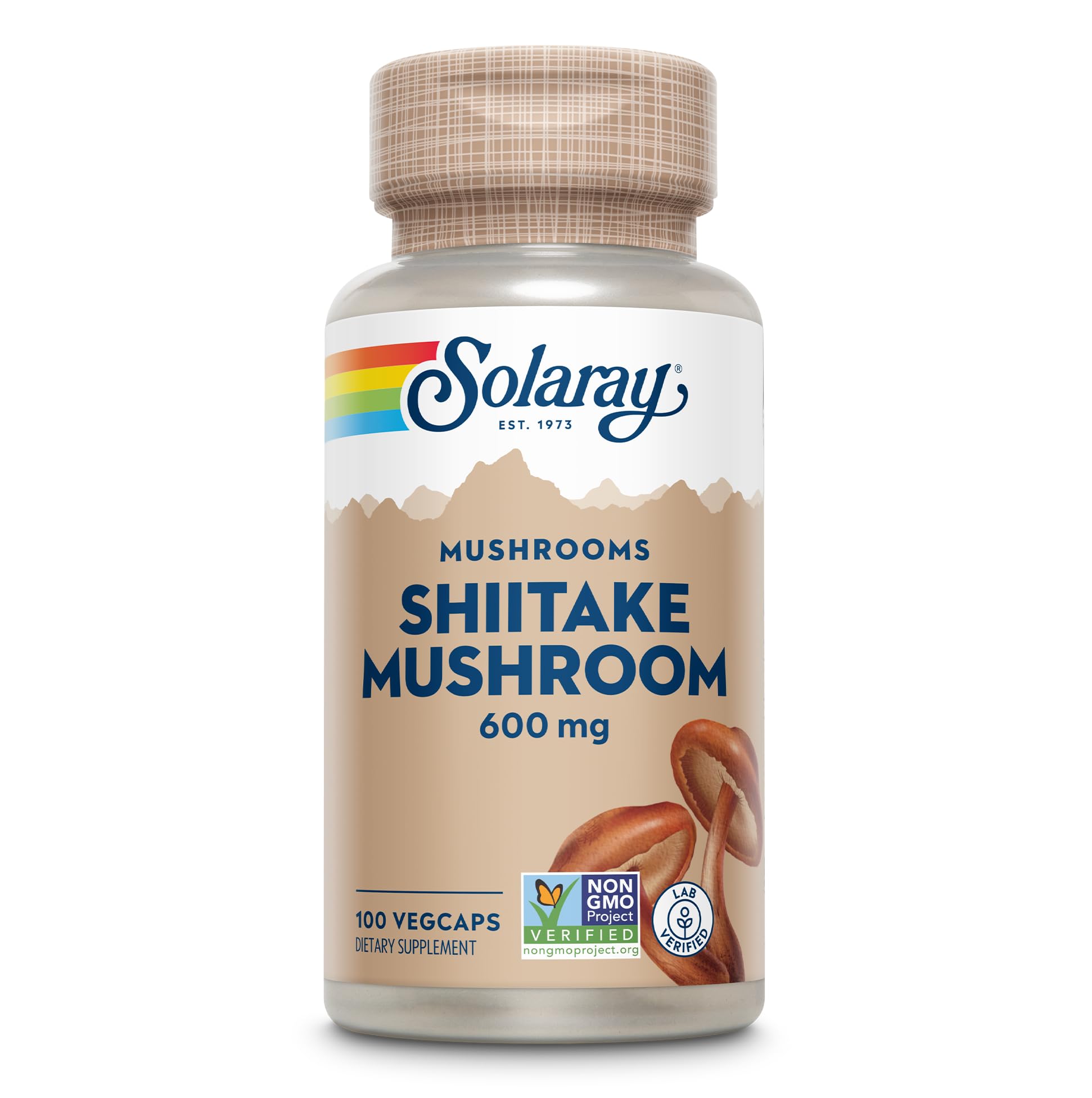 SOLARAY Shiitake 600mg bottle shown, supporting daily nourishment.