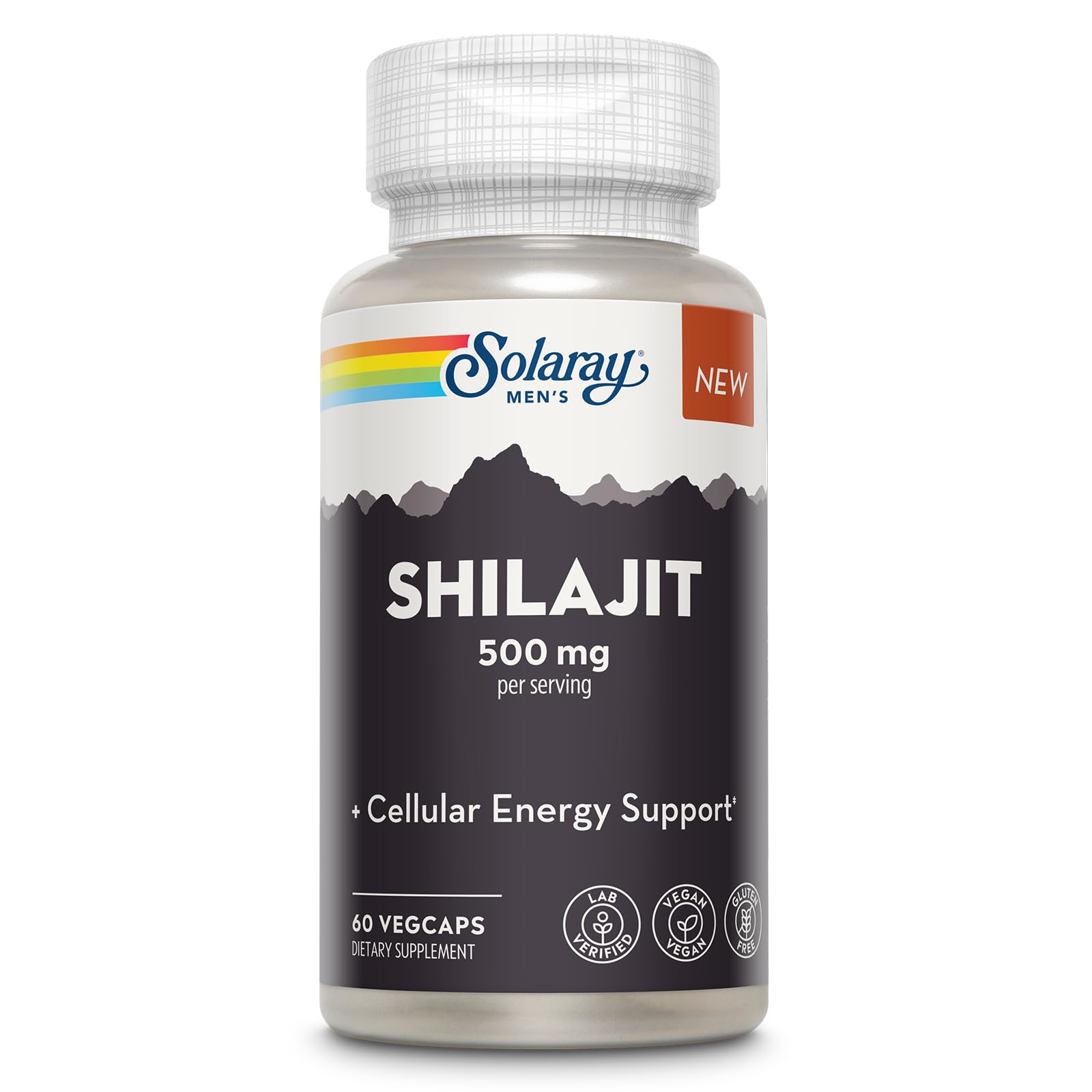 SOLARAY Shilajit 500 mg bottle front view supports daily vitality.