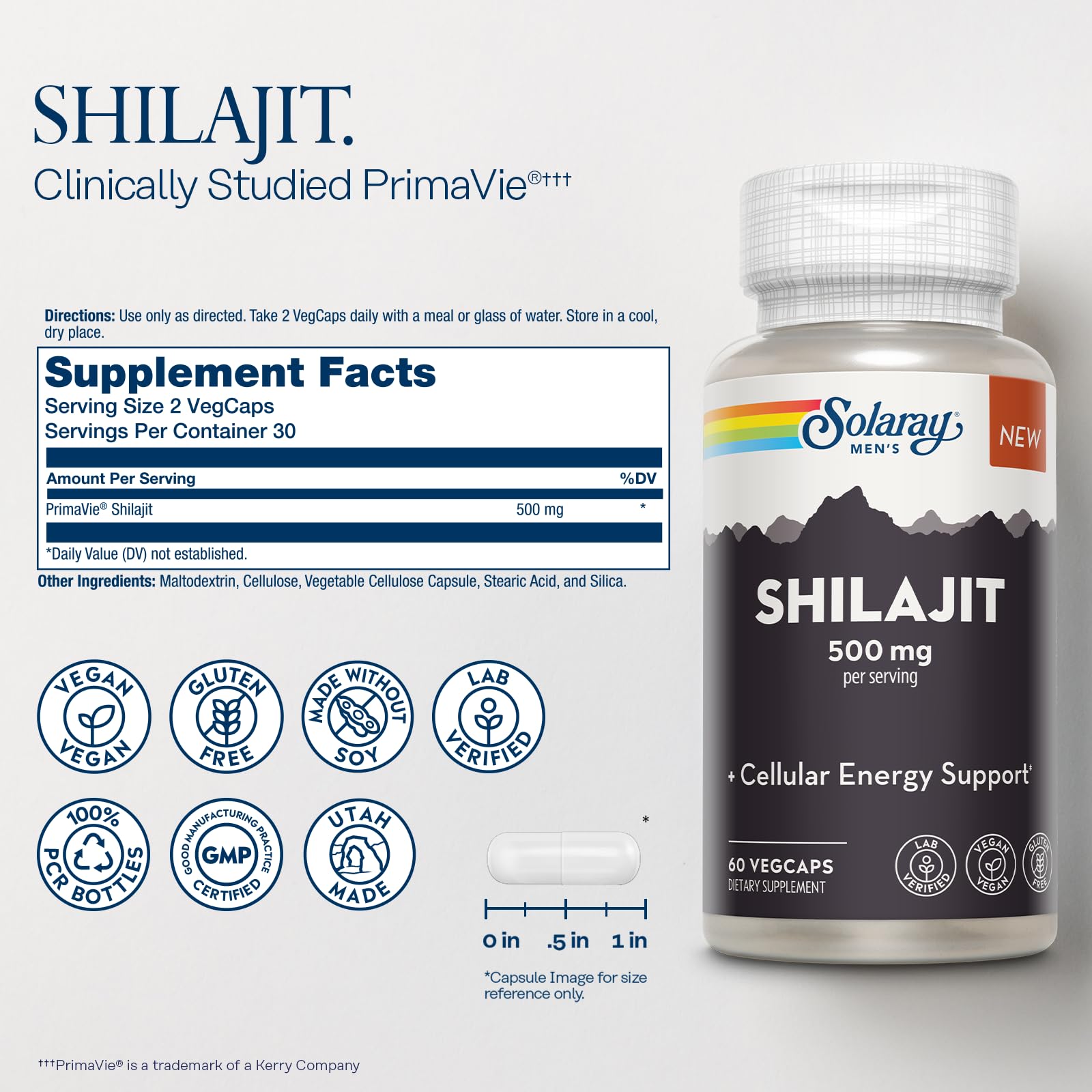 SOLARAY Shilajit 500 mg bottle label closeup highlights PrimaVie Himalayan extract for energy support.