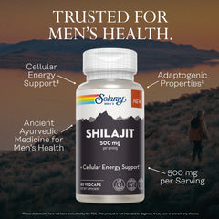 SOLARAY Shilajit 500 mg capsules closeup shows vegan, gluten-free supplement convenience.