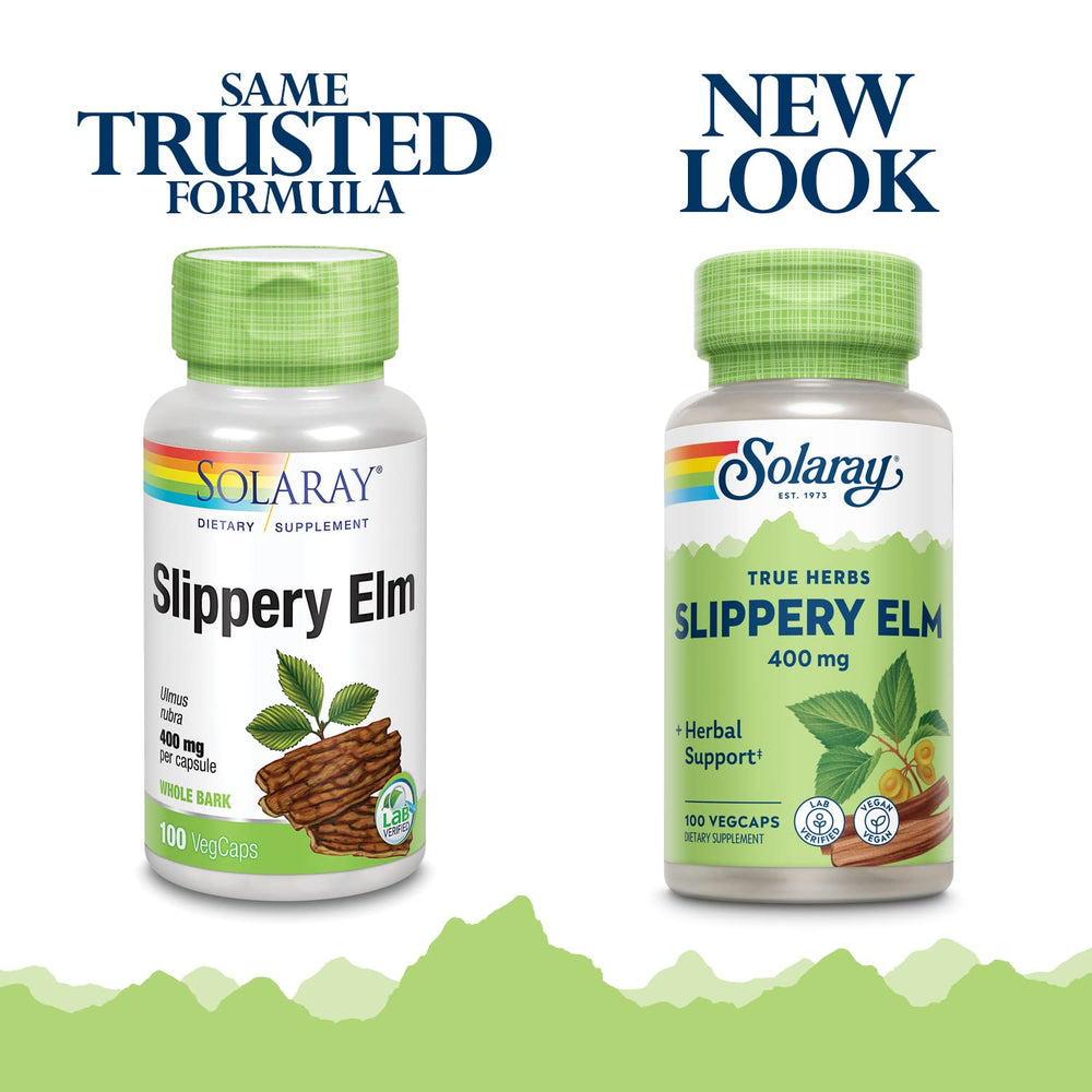 SOLARAY Slippery Elm Bark Capsules label close-up showing 400 mg per capsule