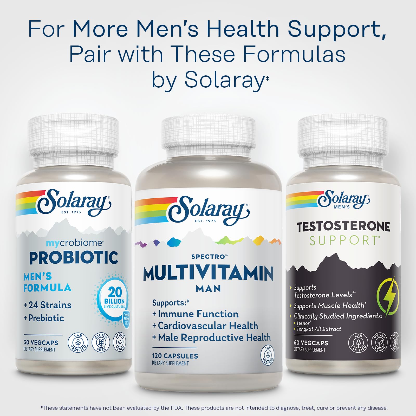 SOLARAY Spectro Men GMP-lab badge indicating quality testing and manufacturing standards.