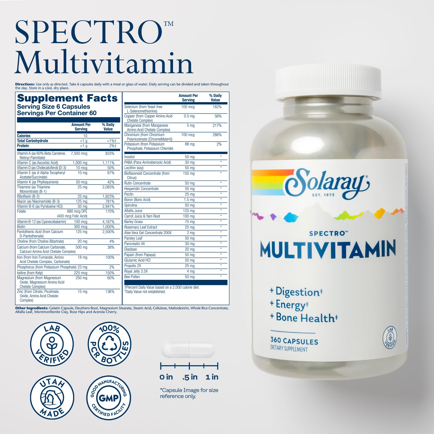 SOLARAY Spectro bottle side showing serving size and key minerals for bone health.