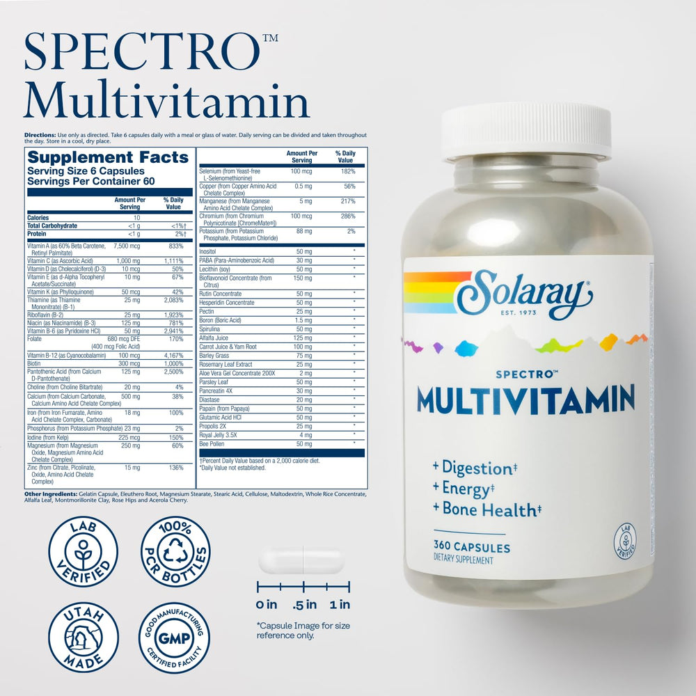 SOLARAY Spectro bottle side showing serving size and key minerals for bone health.