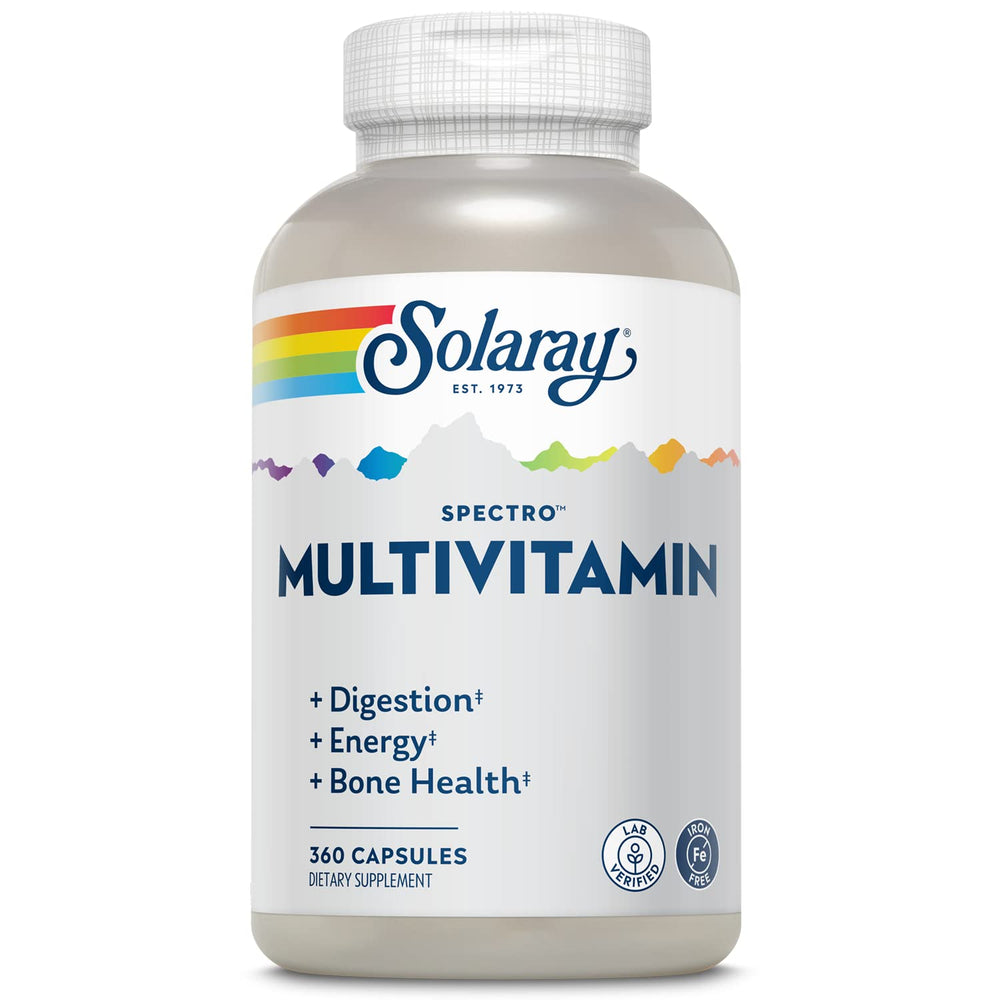 SOLARAY Spectro Multivitamin Iron Free bottle front, complete daily formula for wellness