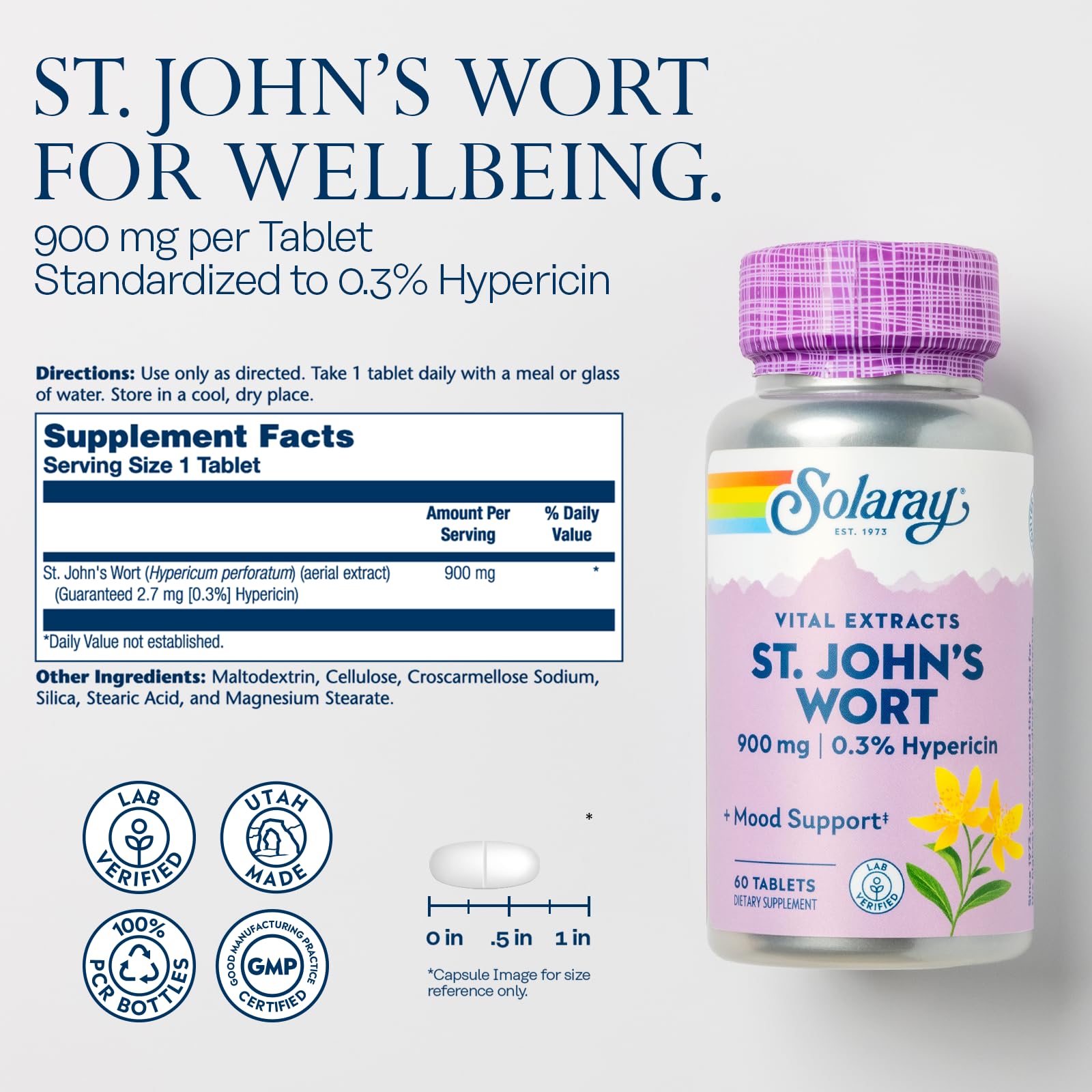 Close-up of SOLARAY St. John's Wort tablet showing standardized hypericin content.