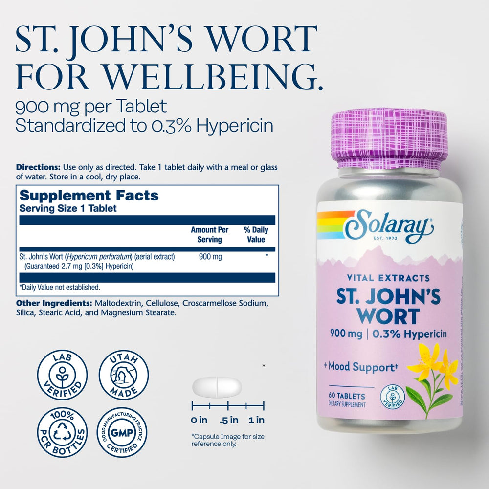 Close-up of SOLARAY St. John's Wort tablet showing standardized hypericin content.