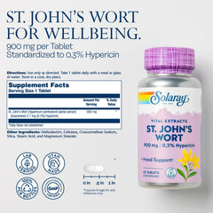 Close-up of SOLARAY St. John's Wort tablet showing standardized hypericin content.