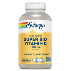 SOLARAY Super Bio Buffered Vitamin C 1000mg bottle closeup, easy-to-swallow capsules for daily immune support.