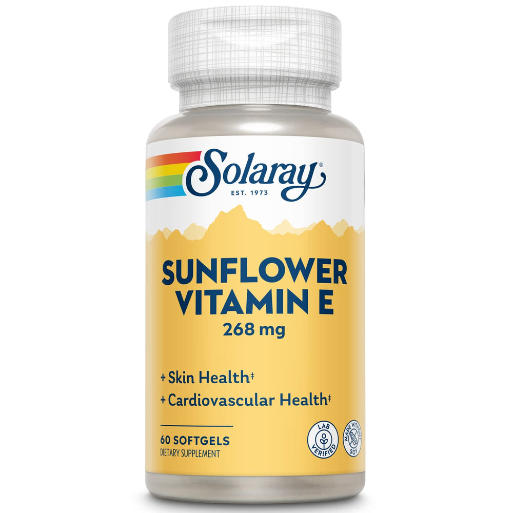 Solaray Super Bio E Sunflower softgel label highlighting eco-friendly packaging.