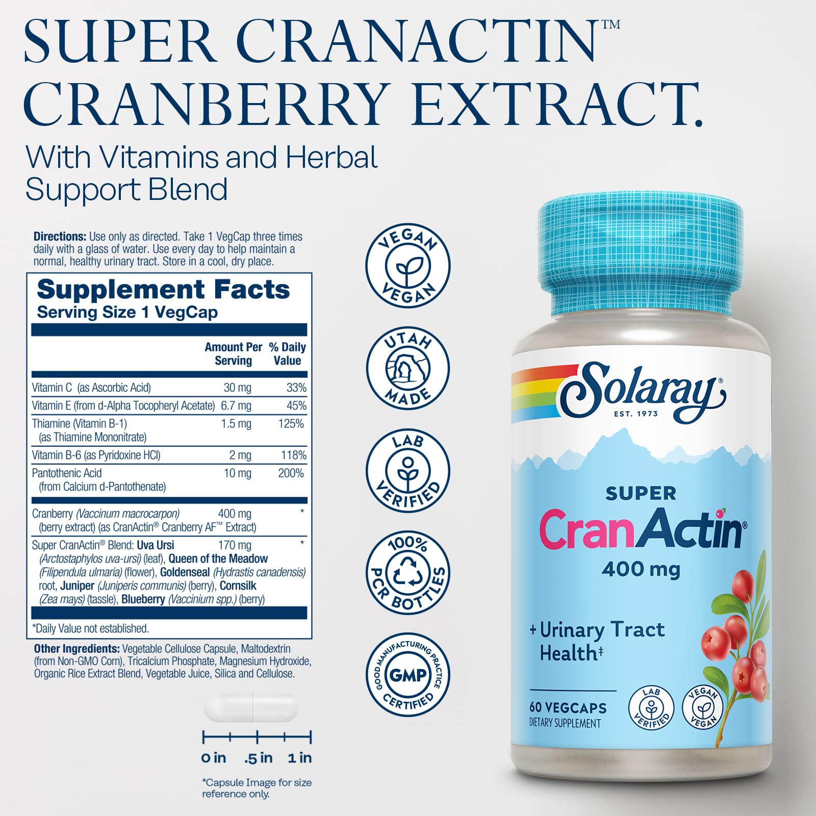 SOLARAY CranActin capsules closeup emphasizing convenient vegan capsules.