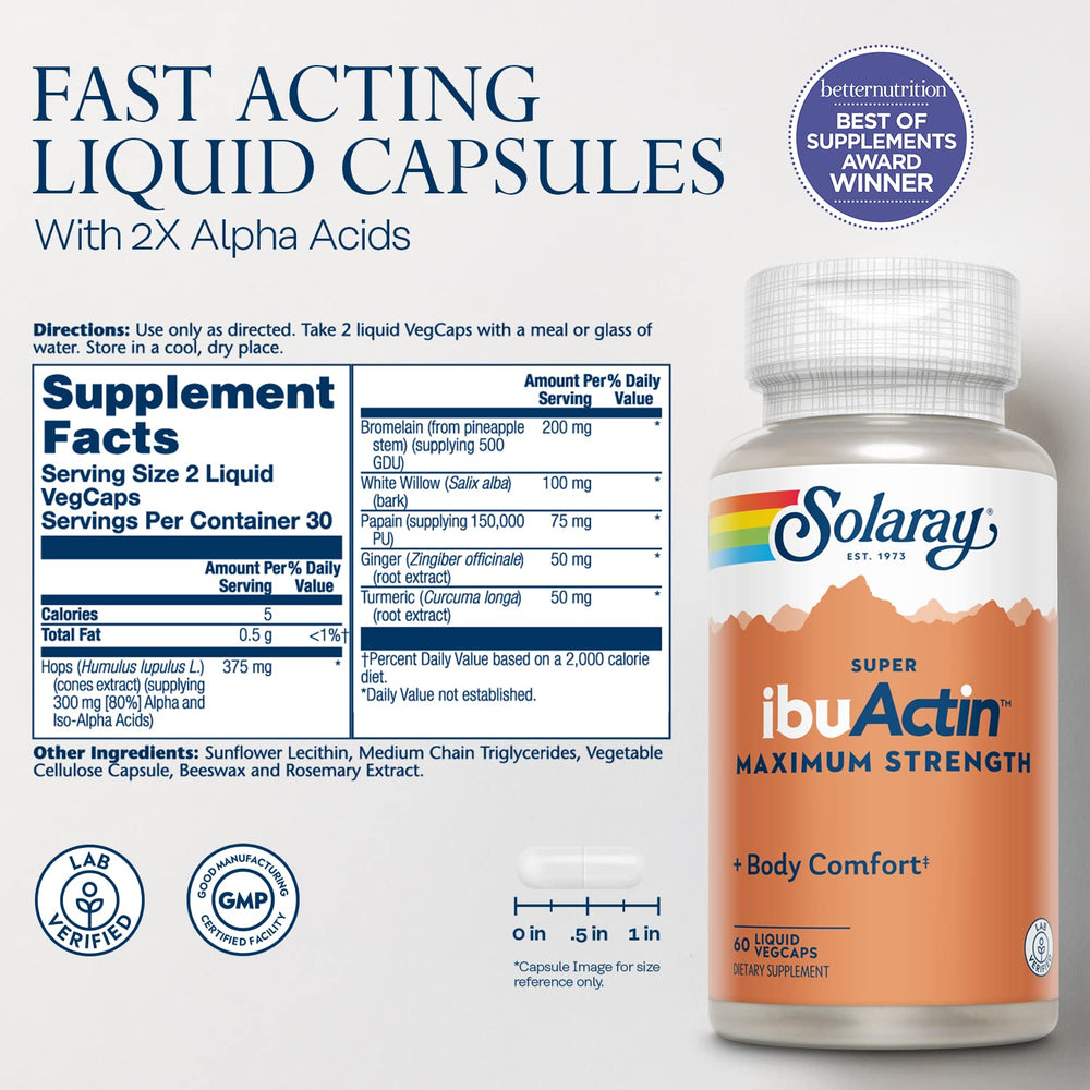SOLARAY Super IbuActin capsules close-up highlighting fast-acting format.