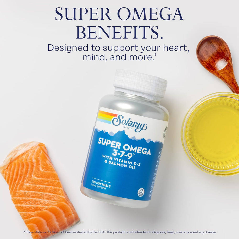 SOLARAY Super Omega 3-7-9 serving plate showing convenient two-softgel serving