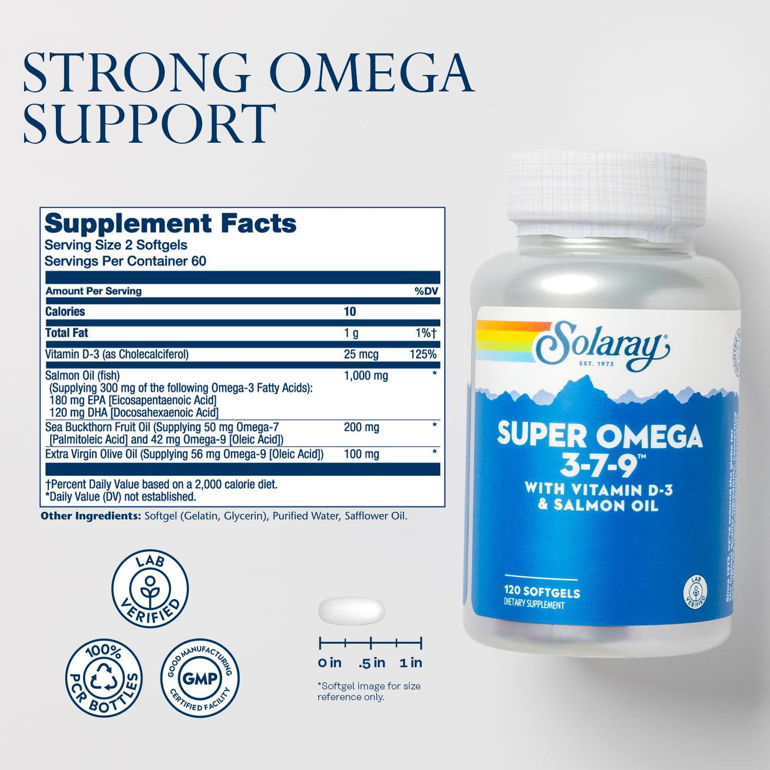 SOLARAY Super Omega 3-7-9 mini softgels closeup for easy daily supplementation