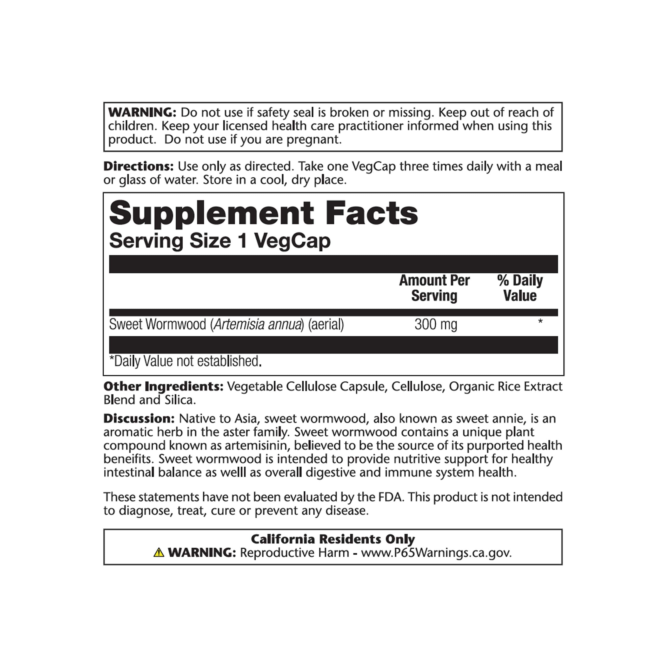 SOLARAY Sweet Wormwood label close-up emphasizing organic ingredients and vegan-friendly capsules