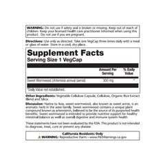 SOLARAY Sweet Wormwood label close-up emphasizing organic ingredients and vegan-friendly capsules