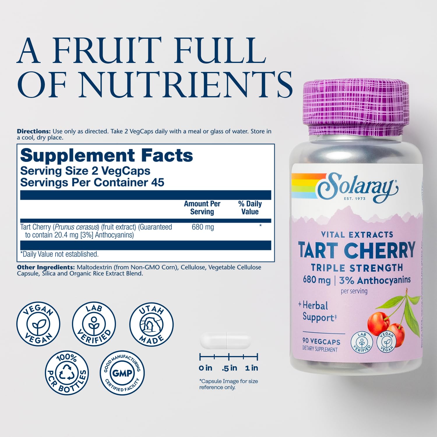 SOLARAY Tart Cherry capsules pack of 90 vegan capsules for convenient daily antioxidant support.