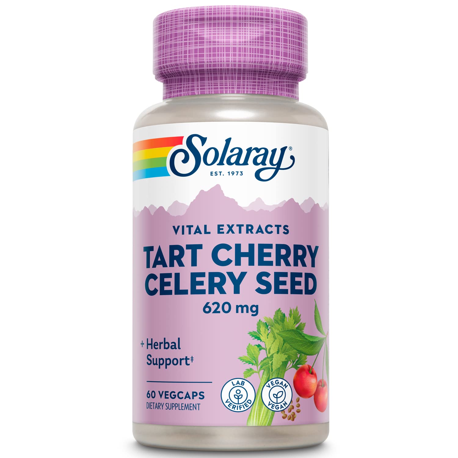 SOLARAY Tart Cherry Celery Seed bottle shown for daily vegan wellness.