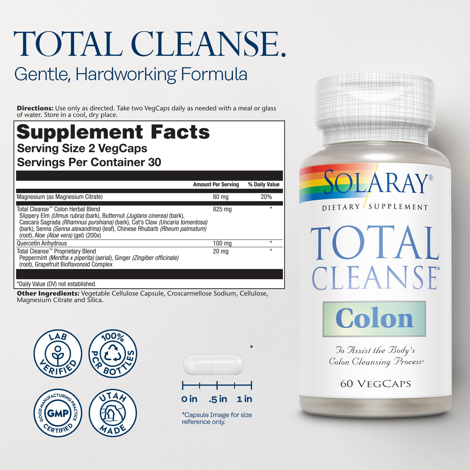 SOLARAY Total Cleanse Colon ingredients blend close-up highlighting herbal components for gentle support.