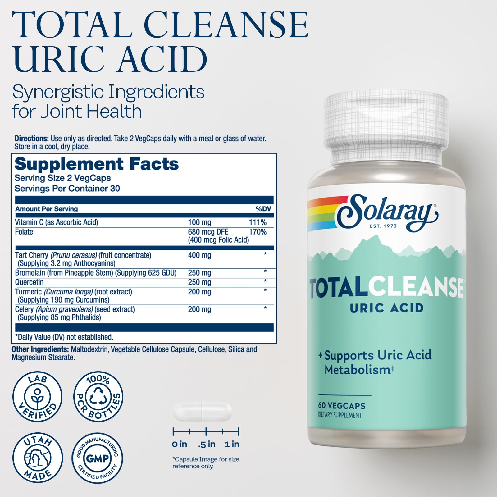 Solaray Total Cleanse Tart Cherry capsules highlight plant-based joint support.