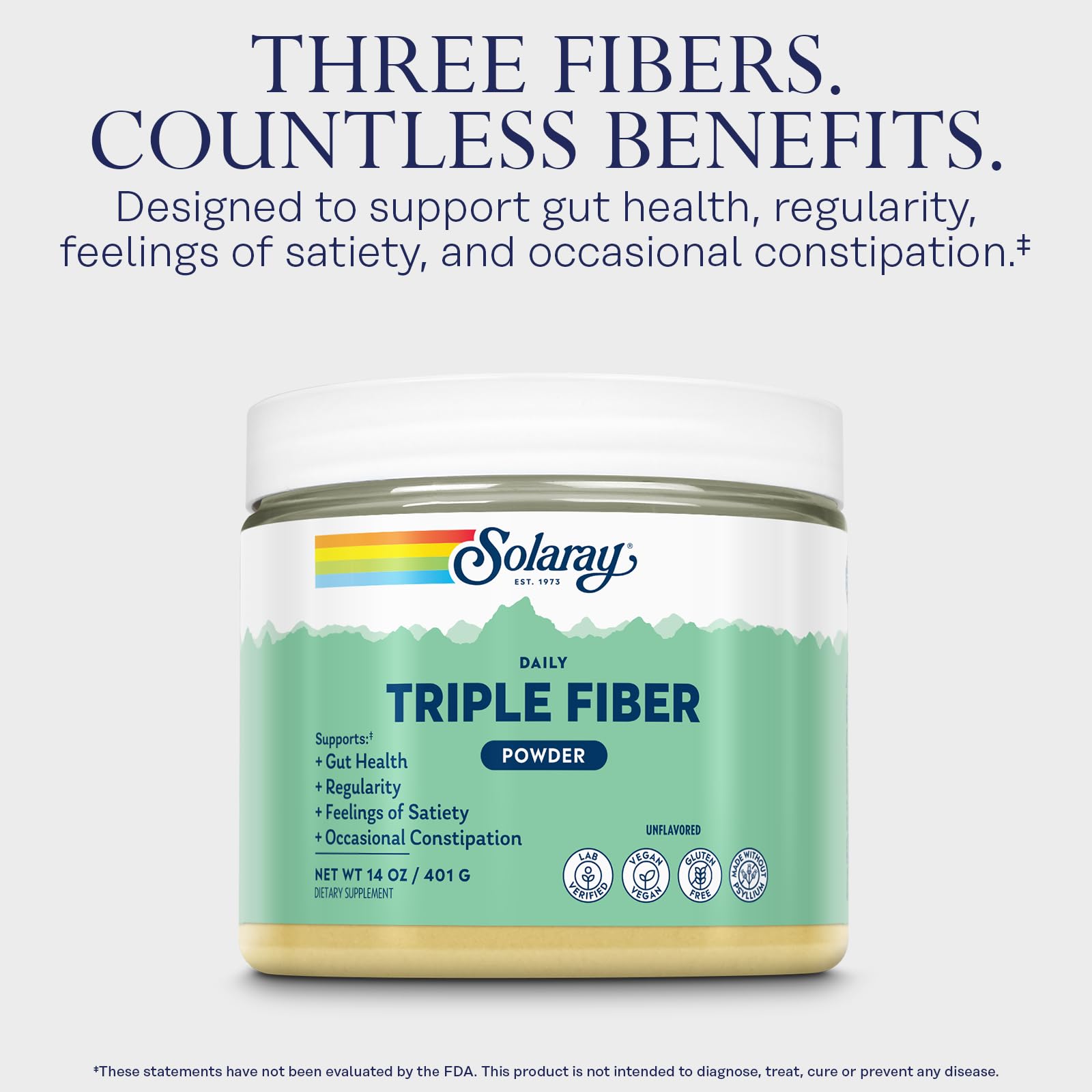 SOLARAY Triple Fiber Powder being mixed into water or smoothie for high fiber intake.