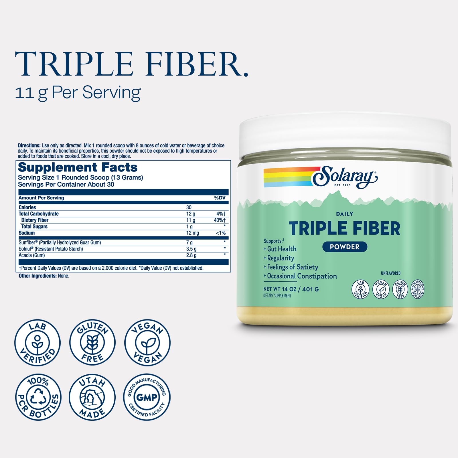 SOLARAY Triple Fiber Powder serving scoop, 11 g fiber per serving for regularity.