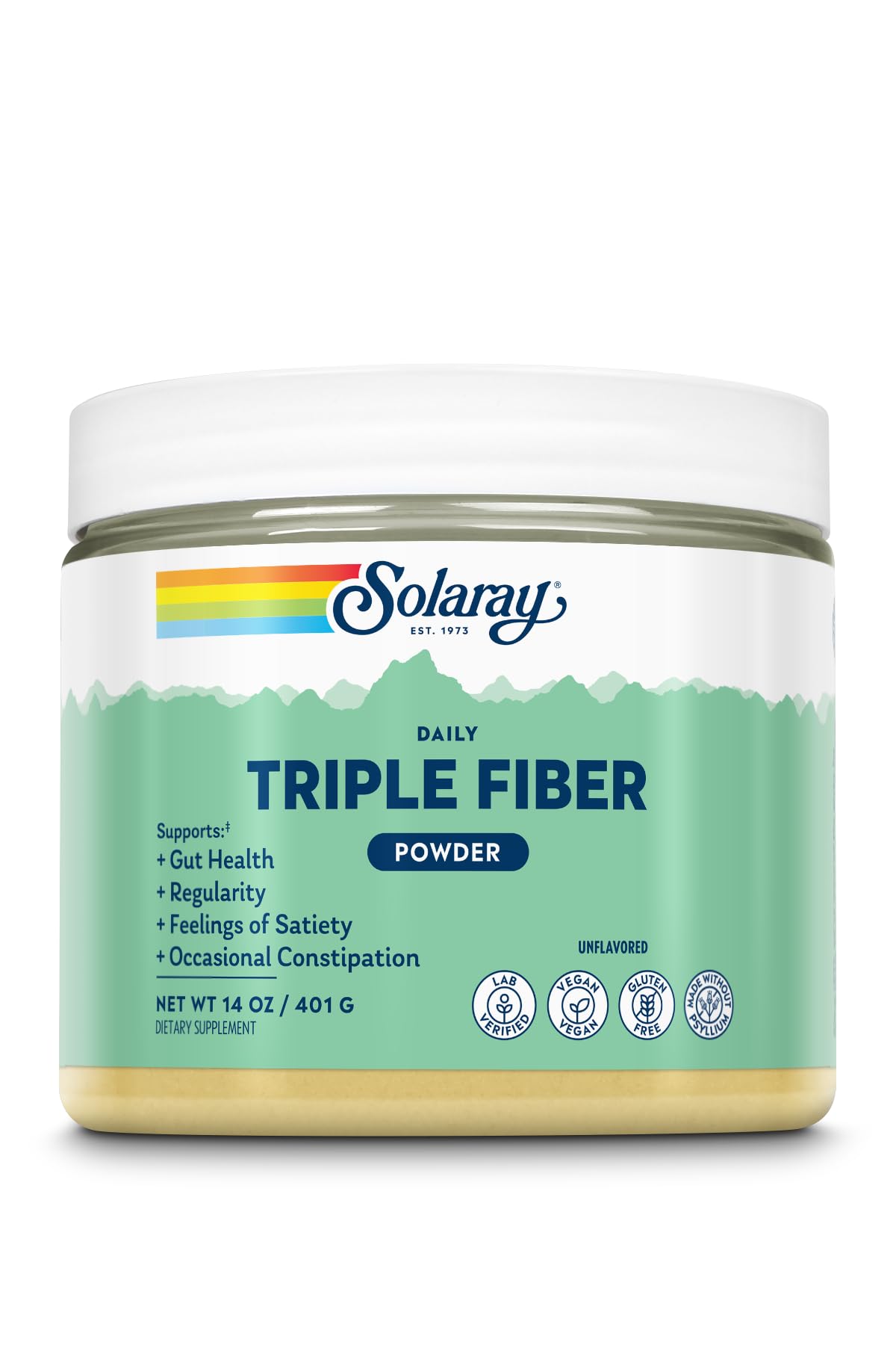 SOLARAY Triple Fiber Powder tub front, vegan and gluten-free daily fiber source.