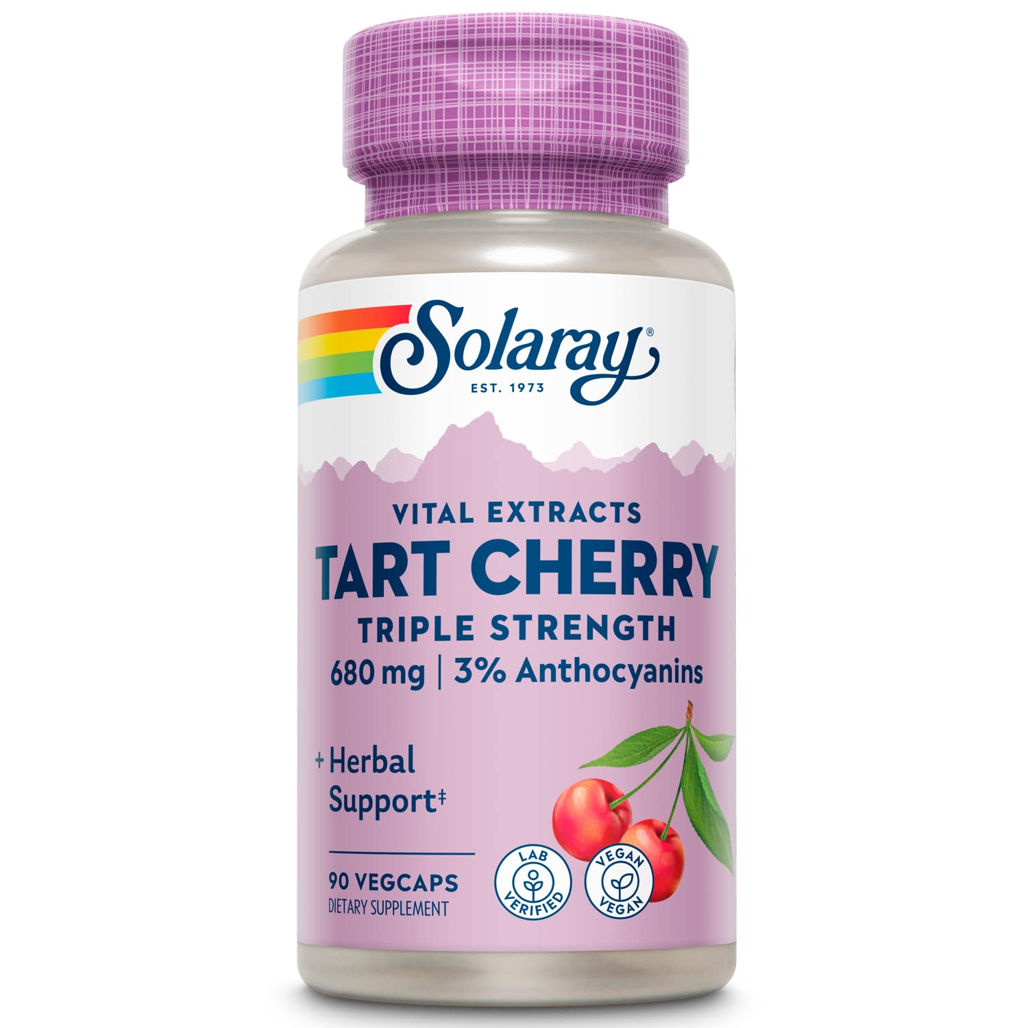 SOLARAY Tart Cherry Extract bottle highlighting 680mg per serving for potential uric acid support.