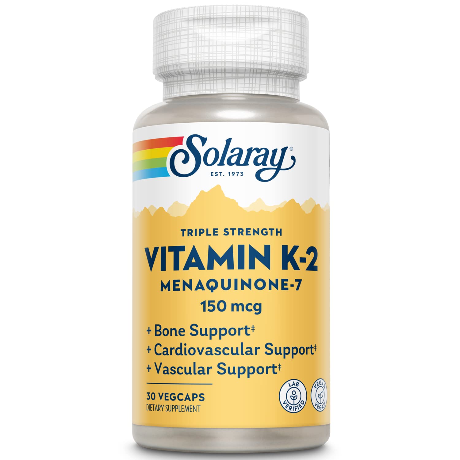 Solaray triple strength vitamin k2-mk7 bottle showcases vegan, soy-free bone support.