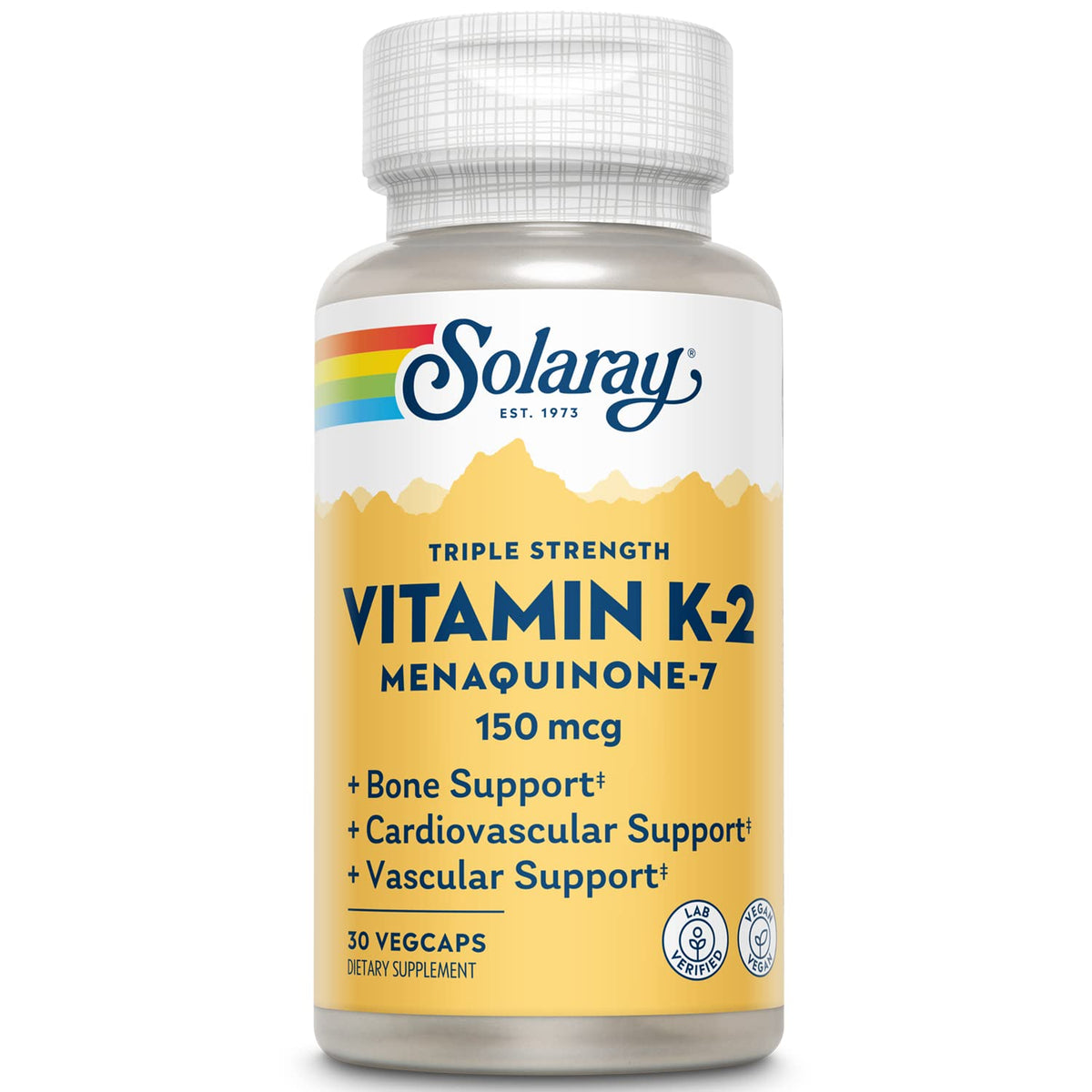 Solaray triple strength vitamin k2-mk7 bottle showcases vegan, soy-free bone support.