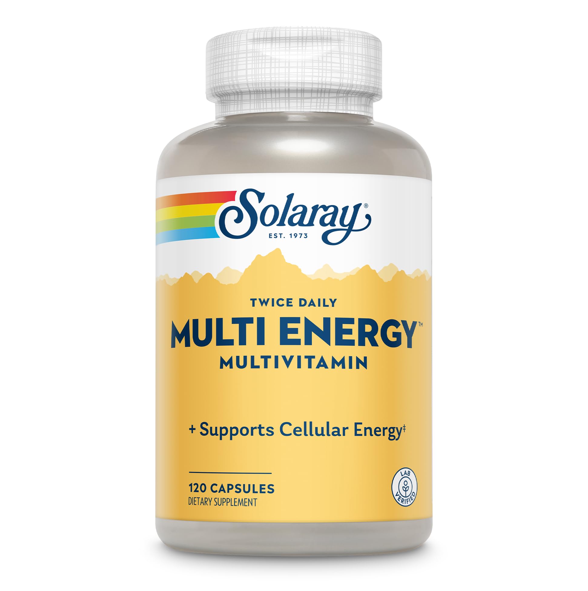SOLARAY Twice Daily Multi Energy bottle front highlighting eco-friendly packaging and potency.