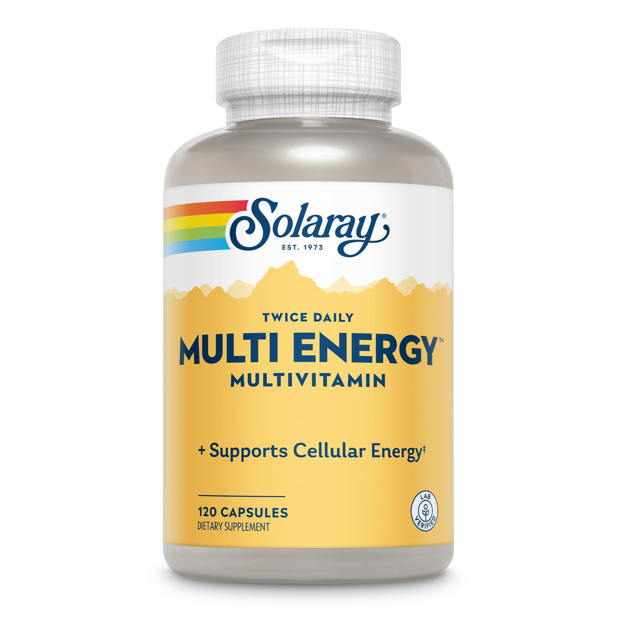SOLARAY Twice Daily Multi Energy bottle front highlighting eco-friendly packaging and potency.