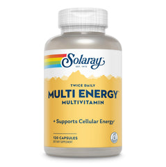 SOLARAY Twice Daily Multi Energy bottle front highlighting eco-friendly packaging and potency.