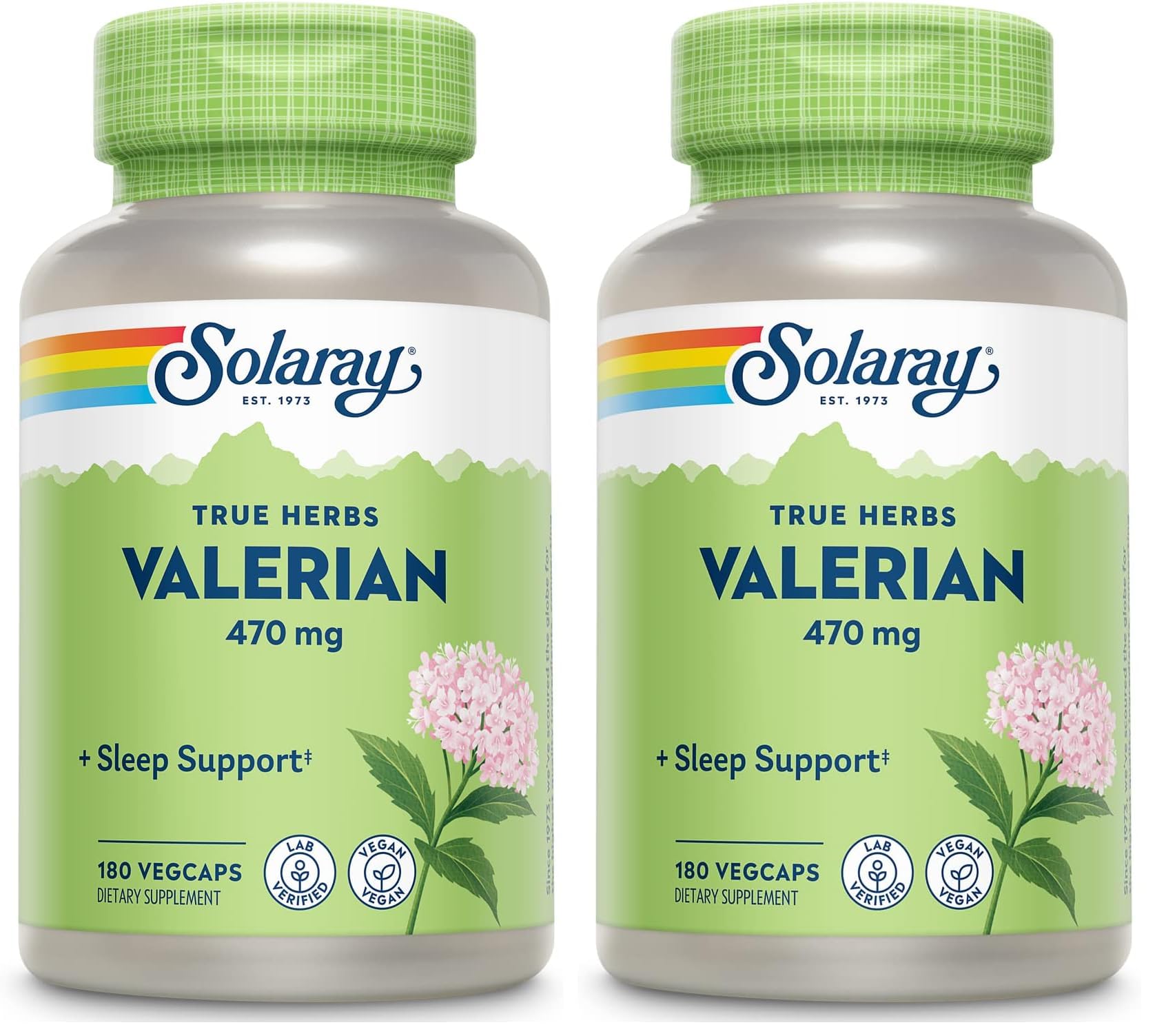 SOLARAY Valerian 470mg bottle image highlighting relaxation support for a calmer evening