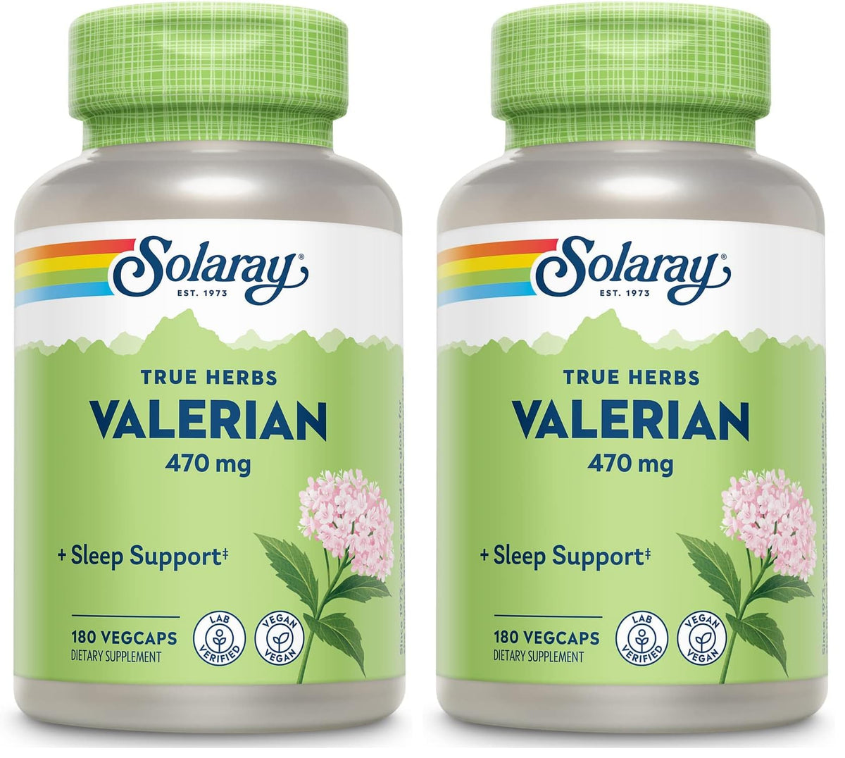 SOLARAY Valerian 470mg bottle image highlighting relaxation support for a calmer evening