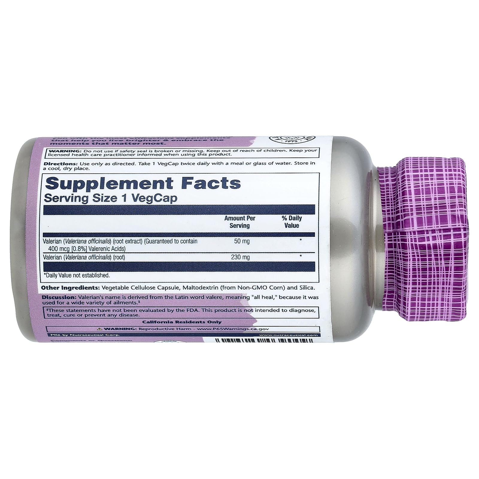 SOLARAY Valerian capsules close-up showing potency and everyday stress support.
