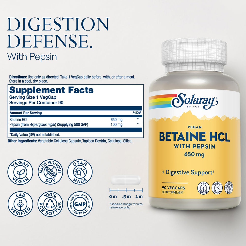 SOLARAY bottle label close-up highlighting betaine HCl and pepsin for protein digestion