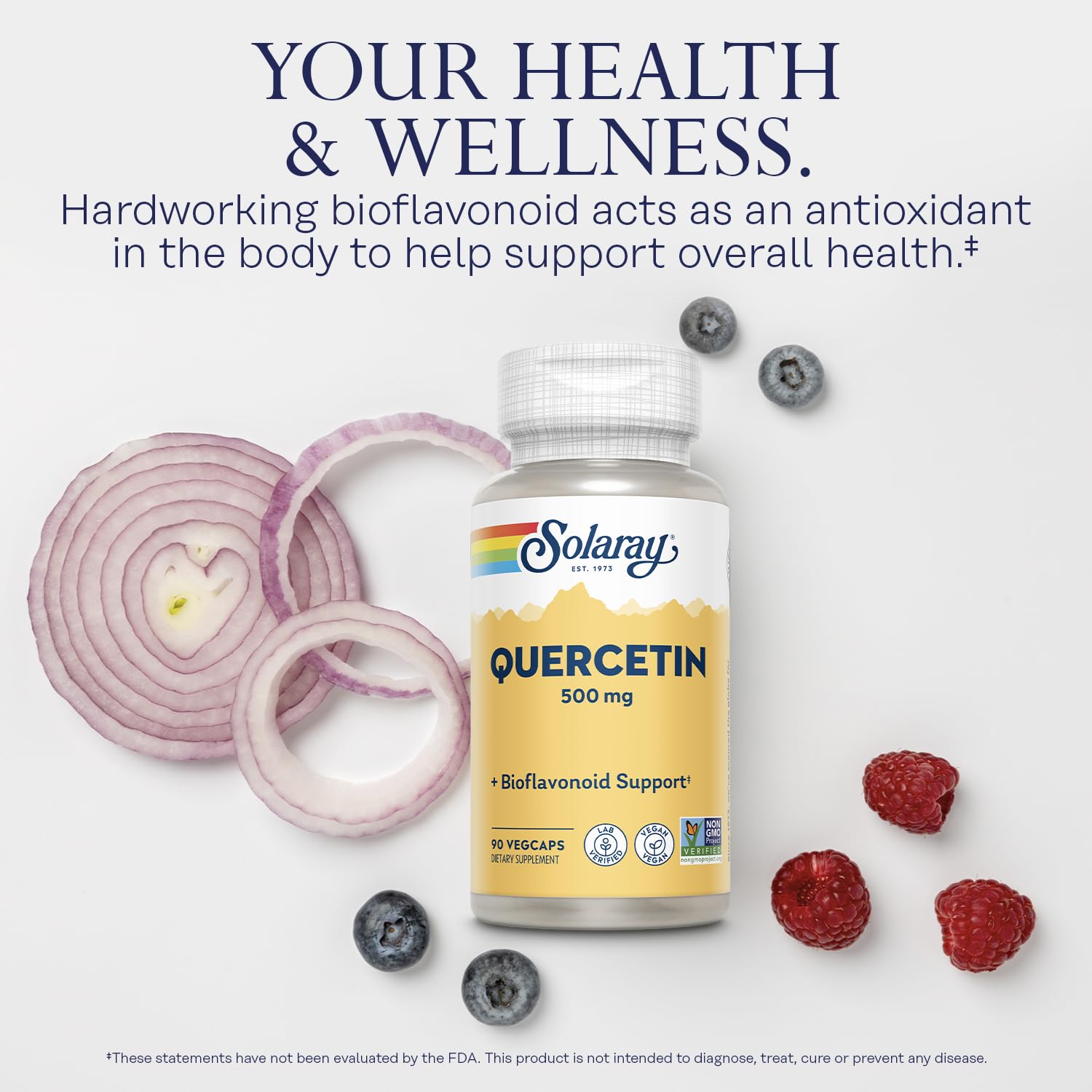 SOLARAY vegan non-GMO quercetin label highlighting plant-based antioxidant source.