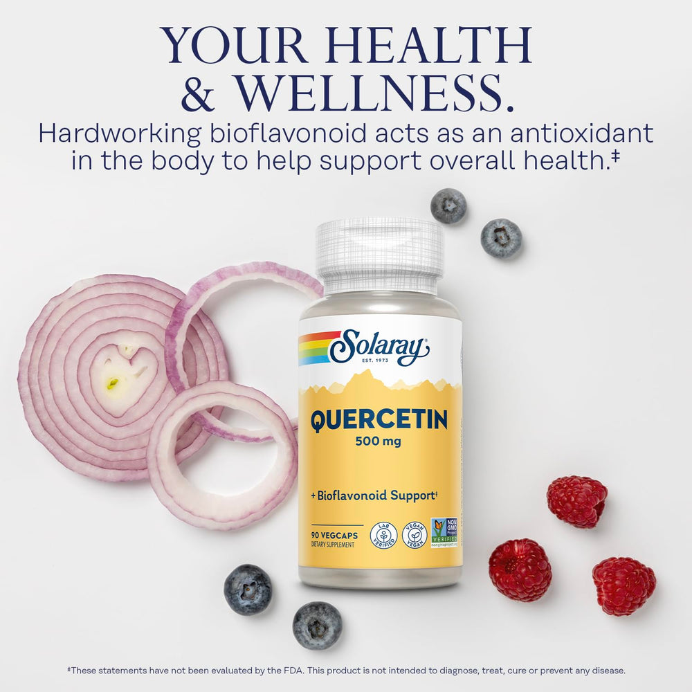 SOLARAY vegan non-GMO quercetin label highlighting plant-based antioxidant source.