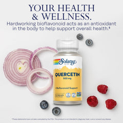 SOLARAY vegan non-GMO quercetin label highlighting plant-based antioxidant source.
