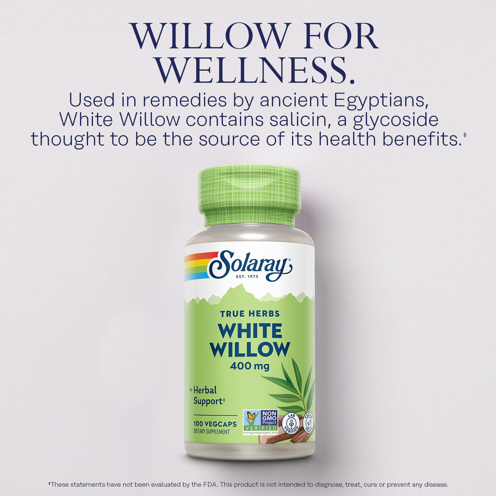 Solaray vegan non-GMO White Willow Bark capsules with plant-based ingredients.