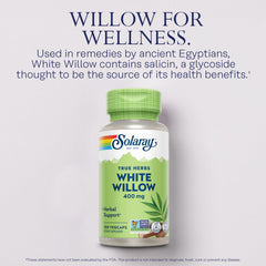 Solaray vegan non-GMO White Willow Bark capsules with plant-based ingredients.