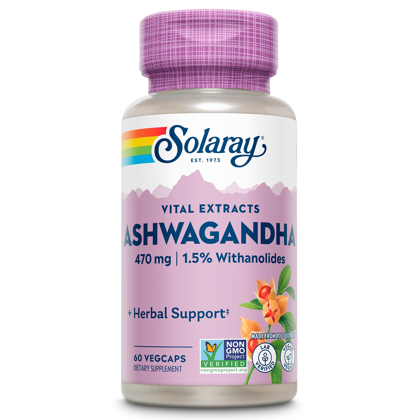 SOLARAY Vital Extracts Ashwagandha 470mg bottle for easy daily wellness and dosage consistency.
