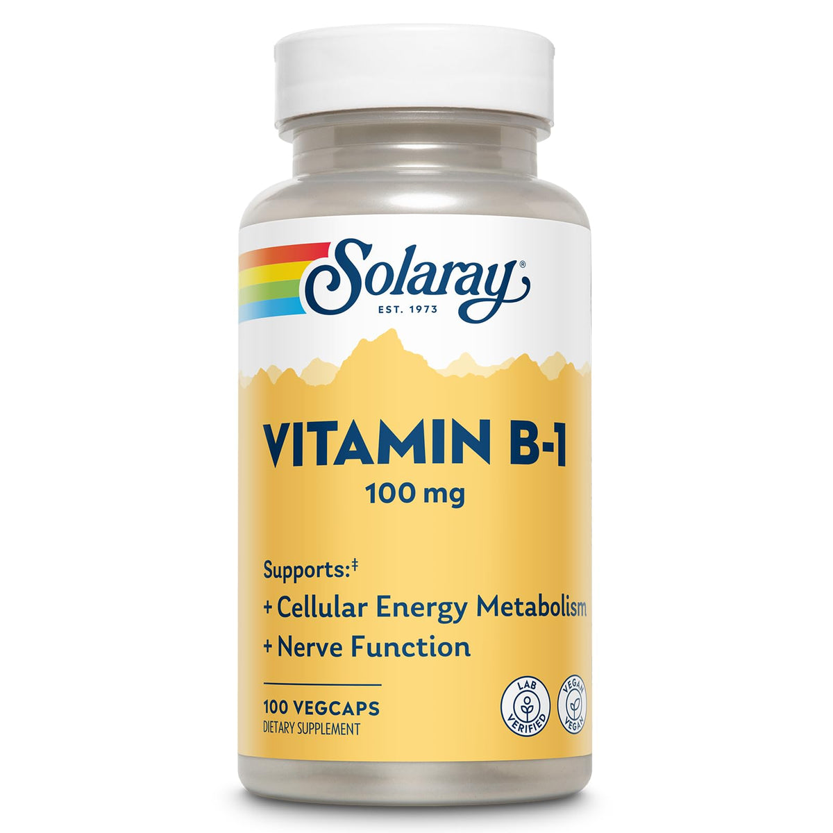 SOLARAY Vitamin B-1 bottle label showing 100 mg thiamine for energy and wellness