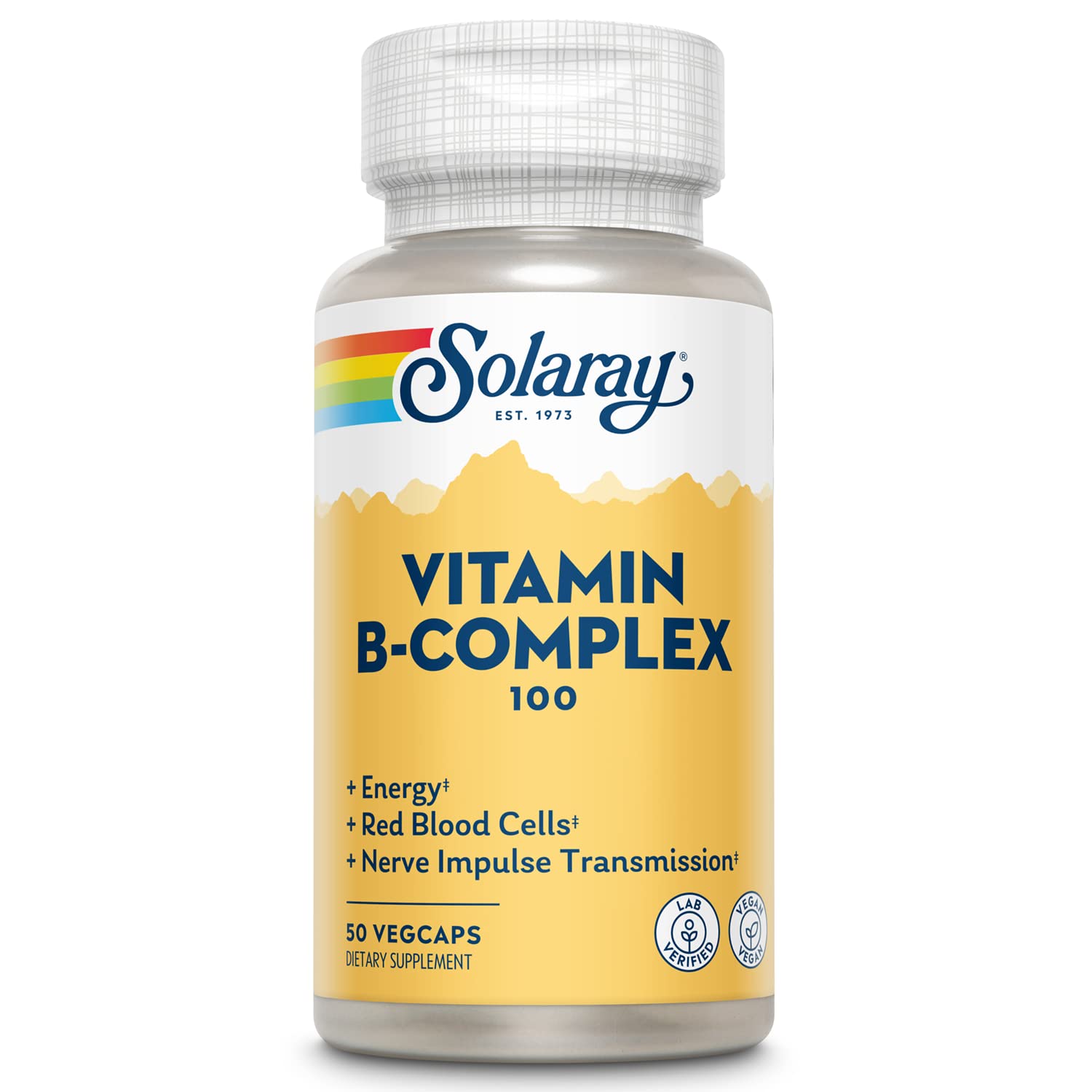 Solaray Vitamin B Complex 100mg bottle label close-up showing daily energy support