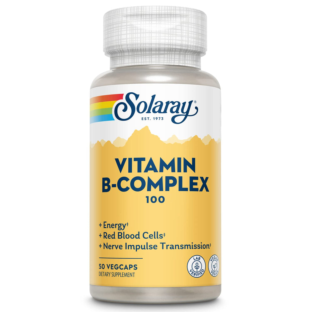 Solaray Vitamin B Complex 100mg bottle label close-up showing daily energy support