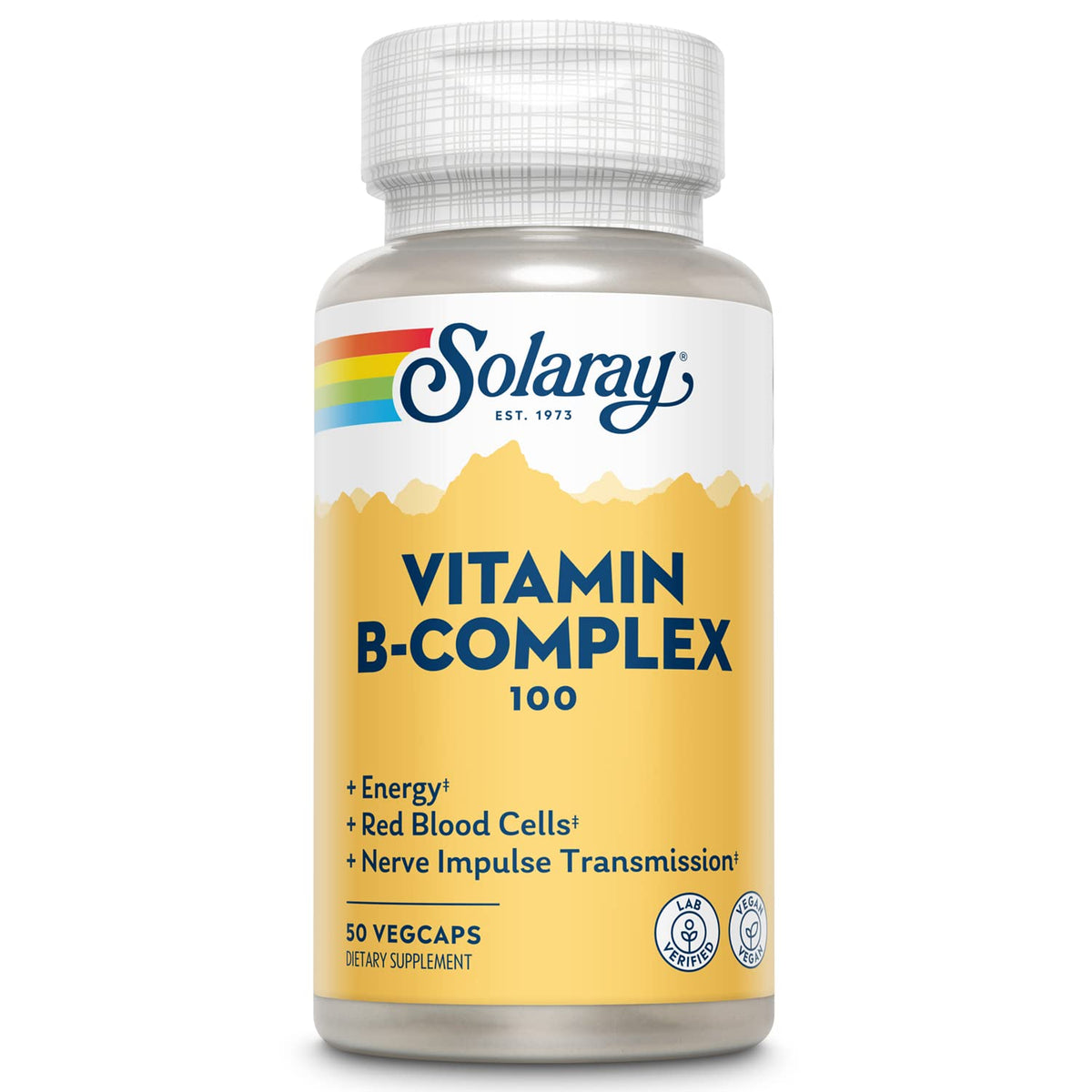 Solaray Vitamin B Complex 100mg bottle label close-up showing daily energy support