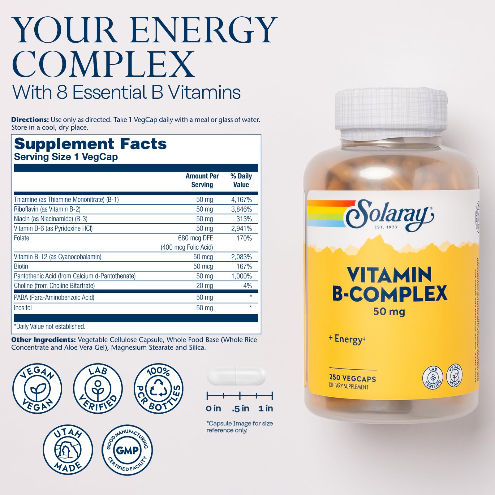 SOLARAY Vitamin B Complex bottle label highlighting B vitamins and 50 mg potency
