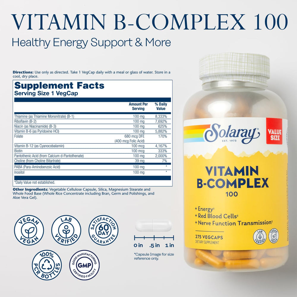 Solaray Vitamin B Complex bottle back with supplement facts and usage notes